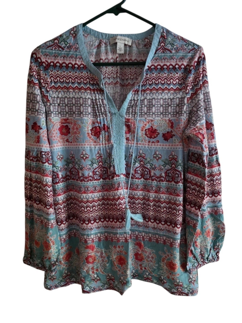 Vintage America Light Blue Floral & Geo Print Peasant Tunic - Picture 3 of 8